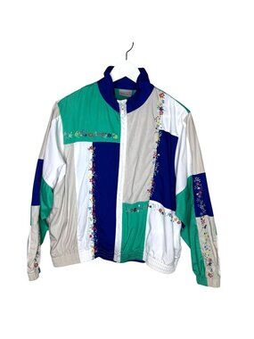 Vintage 80s Lightweight Knit Coat, Colorblock & Floral Embroidery, Size Medium